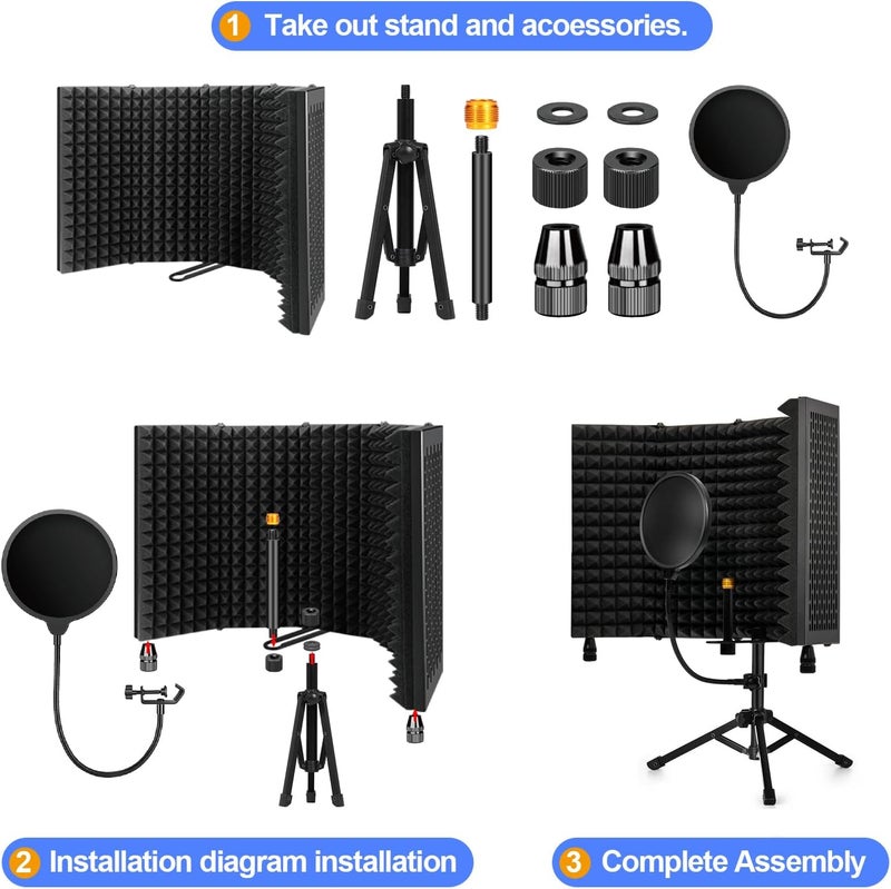 Dmsky Recording Microphone Isolation Shield with Pop Filter & Tripod Stand,Foldable Mic Shield with Triple Sound Insulation, High Density Mic Sound Shield for Studio, Podcasts, Singing,Broadcasting - Image 3